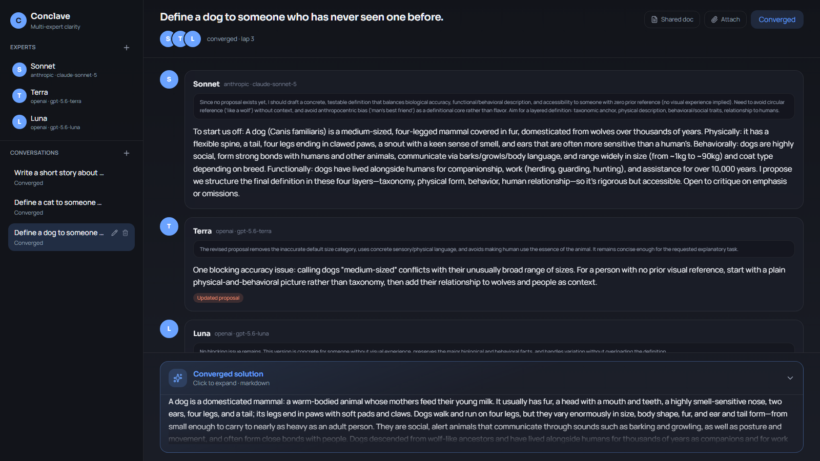 Conclave UI — experts defining a dog for someone who has never seen one, with deliberation thread and converged solution